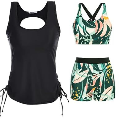 JASAMBAC Tankini 3 pièces pour femme, haut de bikini push-up et short de bain taille haute, maillot de bain simple, maillot de bain de sport pour femme, maillot de bain pour piscine, plage, Feuilles