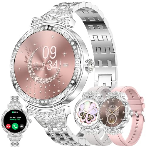 LWEARKD Smartwatch Damen mit Bluetooth Anrufe, 1,32 AMOLED Touch-Farbdisplay 5ATM Fitnessuhr mit SpO2 Blutdruckmessung Herzfrequenz Schrittzähler Schlafmonitor, Fitnessuhr für iOS Android (Silber)