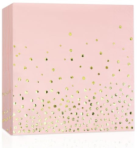 Servietten Rosa Gold 50 Stück Gepunkete mit Goldfolie Party Servietten 3-lagig Papier Servierte, Cocktailservietten 33 x 33cm Papierservietten