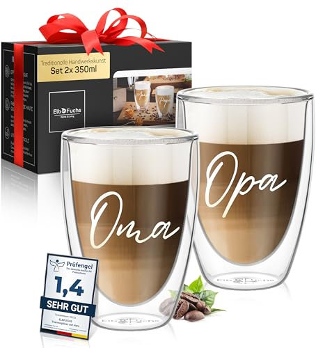 ElbFuchs® Doppelwandige Latte Macchiato Gläser | OMA + OPA | 2x 350ml [GESCHENKIDEE] Kaffeegläser doppelwandig ideal als Schwangerschaftsverkündung für Oma und Opa und werdende Großeltern