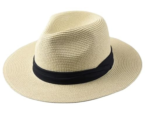 Chapeau de Plage en Paille Chapeaux de plage à Large bord en paille for hommes et femmes, grande taille XL61-64cm, chapeaux de soleil d'été for dames, chapeau Fedora 55-57cm 58-60cm(Beige,XL 61-64cm)