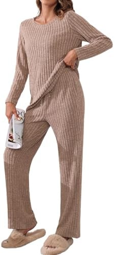 TIANZHU Womens Pajamas Set Casual Ribbed Tops Wide Leg Pants with Pockets 2 Piece Lounge Nightwear Size 8-26