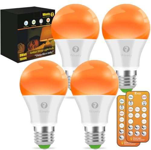 Wivety Bombilla LED para Dormir con Mando a Distancia, E27 Ámbar 1600K Bloqueo de Luz Azul A60 9W para Terapia del Sueño, Guardería, Dormitorio (4 Paquetes)