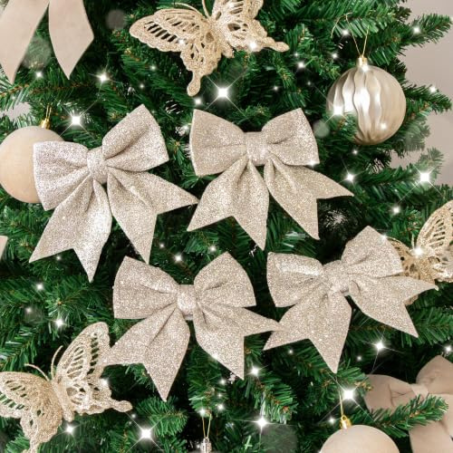 Melody Maison Set of 4 Champagne Glitter Christmas Bows