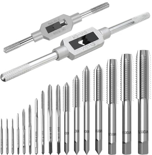 19 Pezzi Maschi per Filettare Metrici Set, M1-M3,5, M4, M5, M6, M8, M10, M12 Set di Maschi Filettatori e Filiere, Kit di Maschiatura Filettatura Manuale con Giramaschi a Cricchetto Regolabile