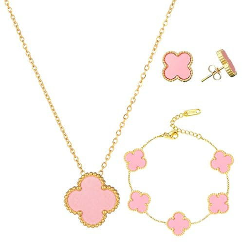 Vierblättriges Glücksklee Schmuckset 18k Vergoldet Vierblättriges Kleeblatt Schmuckset Anhänger Halskette Ohrstecker Armband Emaille Schmuck Set Für Muttertagsgeschenke Geschenke Valentinstag,Rosa