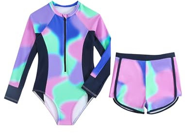 JiAmy Mädchen Badeanzug Zweiteiler Set, Langarm UV Schwimmshirt mit Badehose, Krawattenfärbung Sport Schwimmanzug für 8 Jahre, Lila (Etikett:8Y)