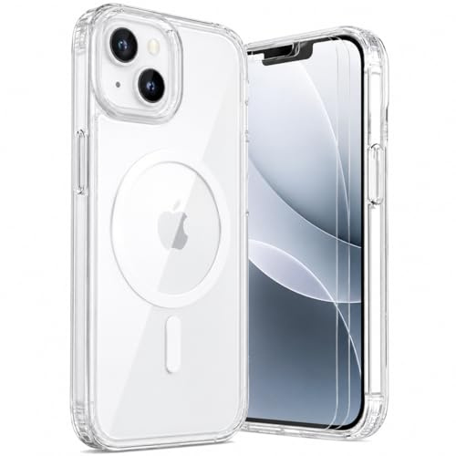 LUNOVATE Magnetic Shockproof for iPhone 14/13 Case Clear, Protective Cover Anti Yellow Transparent Phone Case with 2 Screen Protector for iPhone 14 / iPhone 13 - Clear