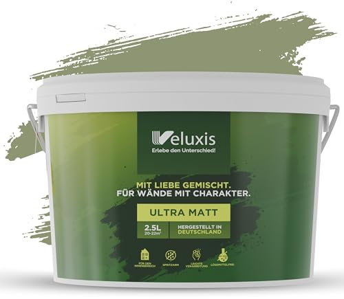 Veluxis® Wandfarbe Grün für den Innenraum - 2,5 Liter & Deckkraft-Klasse 1, Streifenfrei, tropfarm & Öko Farbe, VOC-frei - (Balmy Basil)