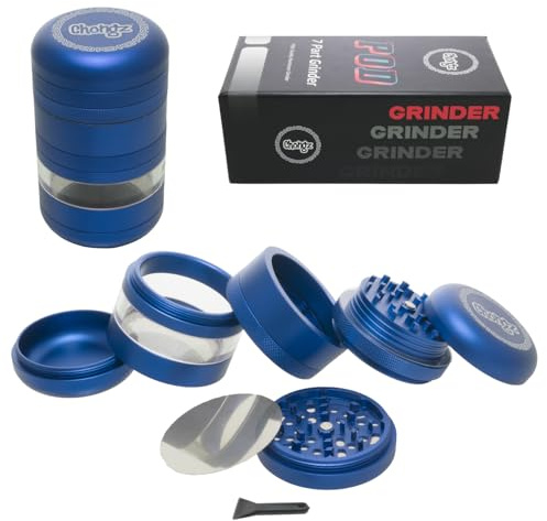 Chongz Manuelle Gewürzmühle, 55 mm, 7-teilig, Premium-Aluminium-Zerkleinerer mit gebogenem Design, durchsichtiges Fenster, 2 leicht zu wechselnde Mahlsiebe, Auswahl aus zwei Mahlgraden (blau)