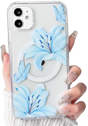 NITITOP for iPhone 12/12 Pro Case Clear Cute Floral Lily Magnetic, Blue | for Women Girls, Flower Butterfly Design, Compatible with MagSafe, Hard PC Back Shockproof Cover, Full Camera Protection