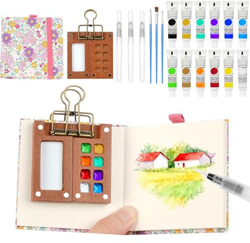 AOOTE Kit Aquarelle Miniature Voyage,12 Couleurs Mini kit de Peinture Aquarelle de Voyage,6 pièces Palette d'Aquarell Portable avec 8 grilles,Papier Aquarelles, Clip & Carnet de Croquis(Rosa)