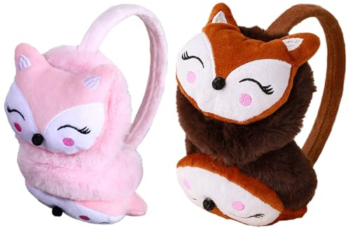 ZXTGBQ 2 Pcs Enfants Cache Oreilles, Cache-oreilles en Peluche Hiver avec bande dessinée motif renard Cache, pour Hiver Activités de Plein Air, Âgées de 4 à 10 Ans