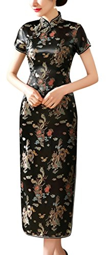 Laogudai Robe Traditionnelle Chinoise Qipao Longue Asiatique Col Montant Rétro Cheongsam Motif Dragon et Phénix pour Soirée Cocktail 40 Noir