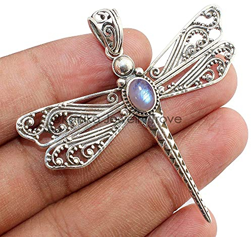 925 Sterling Silber Libellen-Anhänger für Frauen & Mädchen Geschenk, 7 x 5 mm ovaler Cabochon-Mondstein-Anhänger ohne goldene Kugel