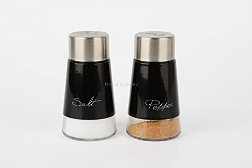 Royal Cuisine Salt and Pepper Shakers Stainless Steel and Glass Set| Elegant Stainless Steel Salt and Pepper Dispenser| Spices W/Collapsible Funnel Black