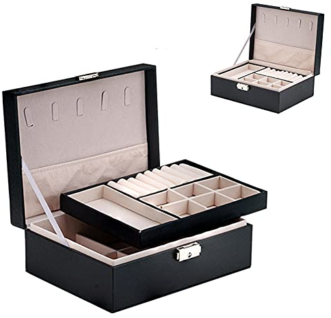 PROVO Jewellery Box Organizer, 2-Layer Leather Jewellery Storage Case with Lock and Removable Tray & Divider, Lockable PU Leather Jewellery Holder for Necklace Watch with Lid Gifts for Girls Women