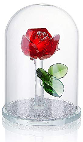 NOYISTAR K9 Crystal Enchanted Red Rose Flower Figuring Ornament in Glass Dome