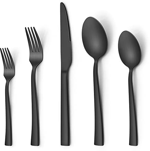 Besteck Set, Joyfair 30-teiliges Schwarzes Matt Besteckset für 6 Personen, Edelstahl Essbesteck mit Messer Gabel Löffel, Elegantes Tafelbesteck für Familie/Party/Hotel, Langlebig & Rostfrei