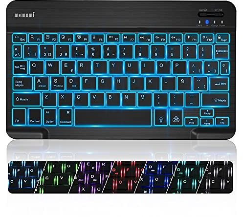 memumi Bluetooth Teclado Español Ñ con 7 Colores Retroiluminación Teclado para Tableta Teclado para iPad Pro 2024/Air 2024/para Tab S9 Plus FE, para iOS Android Windows