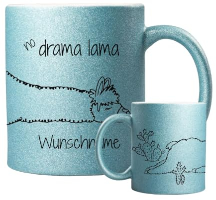 ORWONet personalisierte Glitzertasse mit Namen | 330 ml Glitzer-Keramik-Tasse mit Spruch & Wunschnamen | Made in Germany | hochwertige Keramik (Hellblau, No Drama Lama)