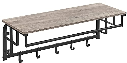 VASAGLE Wandgarderobe mit Aufbewahrungsregal, Wandregal mit 5 abnehmbaren Haken, Hängeregal mit Kleiderstange, für Eingang, Schlafzimmer, Wohnzimmer, Grège und Schwarz LCR102B02