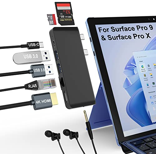 Surface Pro 9 10 11 Docking Station mit 4K HDMI,USB-C Thunderbolt 4 (Display+Daten+PD), 100 Mbps Ethernet, 3,5-mm, 2 USB 3.0, SD und TF, Triple Display(Surface+HDMI+USB C) für Surface Pro 11/10/9/X
