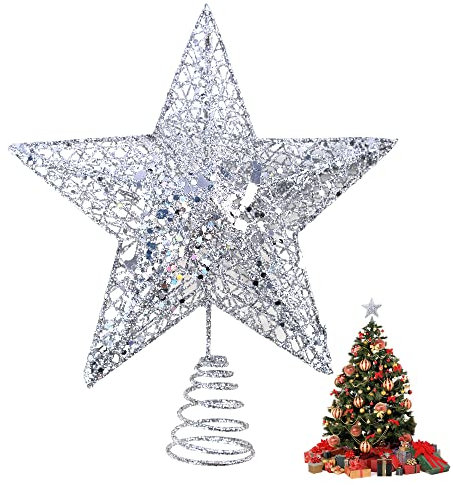 Silver Star Tree Topper Christmas Tree Star Topper Xmas Tree Star for Christmas Decorations Home Decor 25cm / 8 inch(Silver)
