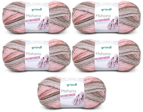 Gründl Wolle Mohanna Strick- und Häkelgarn aus 90% Polyacryl, 10% Mohair, 5 x 100 g, dicke Wolle, rosè-grau-taupe