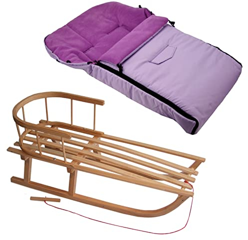 Kombi-Angebot Holz-Schlitten mit Rückenlehne & Zugseil + universaler Winterfußsack (90cm), auch geeignet für Babyschale, Kinderwagen, Buggy, Thermofleece Uni (flieder + Schlitten)