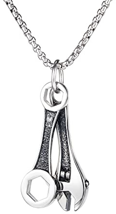 ESNY Wrench Necklace Stainless Steel Men Wrench Pendant,Tool Necklace Silver Wrench Charm Mechanic Jewelry Simple Necklace Wrench Charm Silver