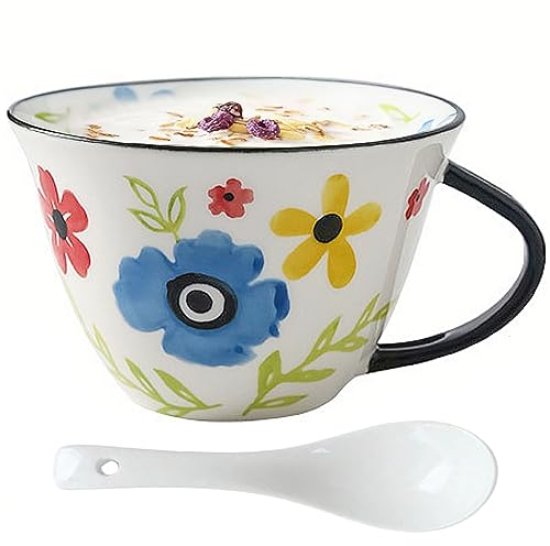 NIUKOMY Taza de Cerámica de Desayuno con Cuchara, XXL Grande Taza de Café de Porcelana, 600ML Tazón de Té con Asa para Cappuccino Leche Sopa, Azul Taza de Florales Pintado