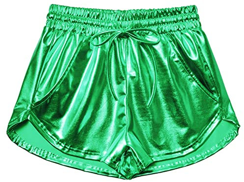 Damen Metallic Shorts Yoga Glänzend Glitzernd Hot Kordelzug Outfit Kurze Hose, Dunkelgrün, Mittel