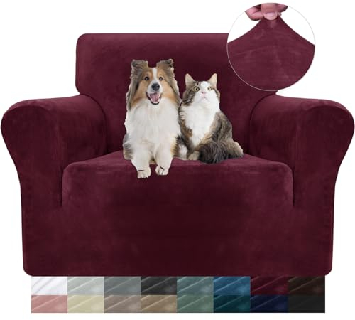 YSTELLAA Samt Stretch Sofabezug 1 Sitzer, Sofaschoner rutschfest Sofa Überzug, Sofa Cover Mit Armlehnen, Elastischer Couch Überzug, Sesselschoner Sofaschutz Katze, Weinrot