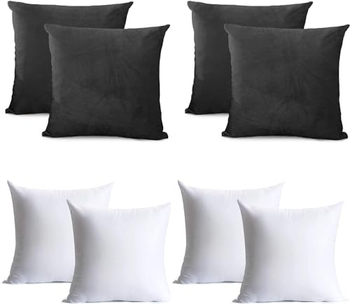 Oxford Homeware Black Cushion Covers 45 x 45 Cm (Pack of 4) Cushions with Covers Included – Decorative Velvet Cushions for Living Room Sofa Bedroom with Invisible Zipper, 18 x 18 Inches