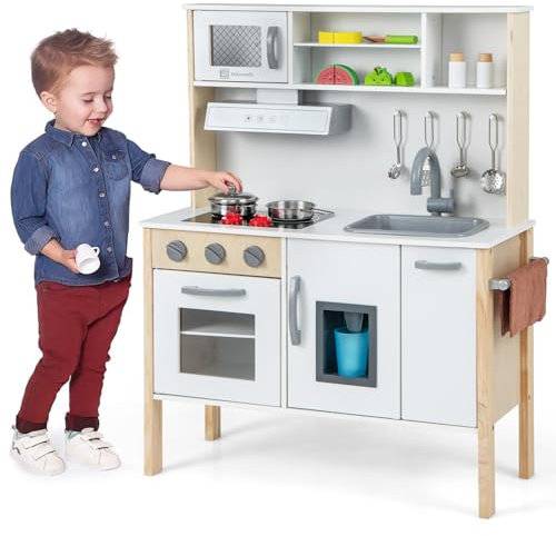 COSTWAY Cuisine Enfant en Bois avec 18 Accessoires & Sonore, Jeu de Cuisine Bois Enfant avec Machine à Glaçons & Micro-Ondes, Dispositif Anti-basculement, Jouet d’Imitation pour 3-6 Ans