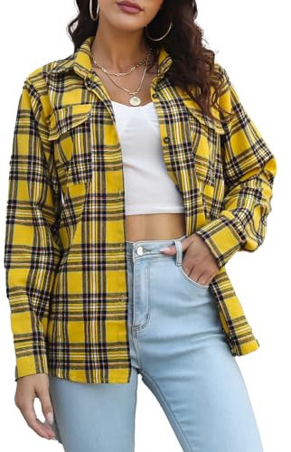 DayaEmmoTQ Chemise à Carreaux Femme Chemise à Carreaux Manches Longues Casual Boyfriend Chemise Hauts Button Down Chemise Plaid Top