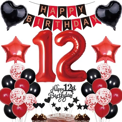 12 Geburtstag Dekorationen Mädchen Junge Happy Birthday Banner & Cake Topper Set Rot & Schwarz 12 Jahre Party