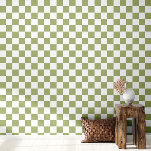 Drydiet Retro Checkered Peel and Stick Wallpaper 70s Funky Checkered Contact Paper Geometric Waterproof Wallpaper Neutral Checkerboard Decor for Bathroom Cabinet(Light Green,9.8' X 15.75'')