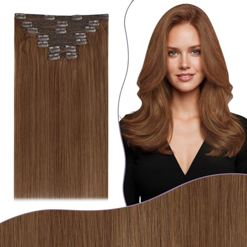 Fshine Clipin Hair Extensions Real Human Hair Copper, Long Thick, Silky Straight, 22inch, 150g, 7Pcs