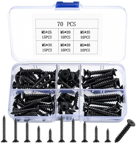70 Pcs M5 Black Self Tapping Screws for Wood Assortment Set, Countersunk Head Hex Socket Cap Screws, Flat Head Decking for Furniture Drywall Chipboard