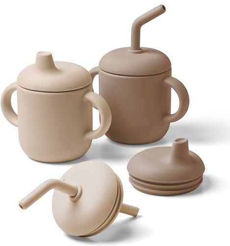 Navik | tasse apprentissage bebe en silicone | verre bebe | gobelet paille bébé | tasse bebe avec deux poignées | Marron et beige