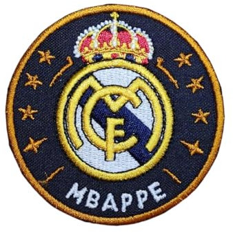 Aufnäher mit Wappen der Fußballmannschaft und Spielername, zum Aufbügeln oder Nähen, 1 Stück, bestickt mit 7 cm Durchmesser, Madrid (Mbappe)