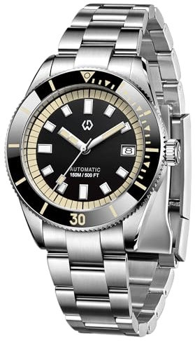 WISHDOIT Herrenuhr 15ATM Taucheruhr NH35 Uhrwerk Automatische Mechanische Armbanduhr Härte Saphirglas Bequemes Edelstahlband Super Leuchtende Uhr für Männer, Schwarz , Armband