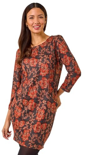 Roman Women Shift Dress with Pockets - Ladies Autumn Winter Tunic 3/4 Length Sleeve Knee Length Smart Casual Office Work Cocktail Party Round Neckline Comfy Soft - Orange - Size 10