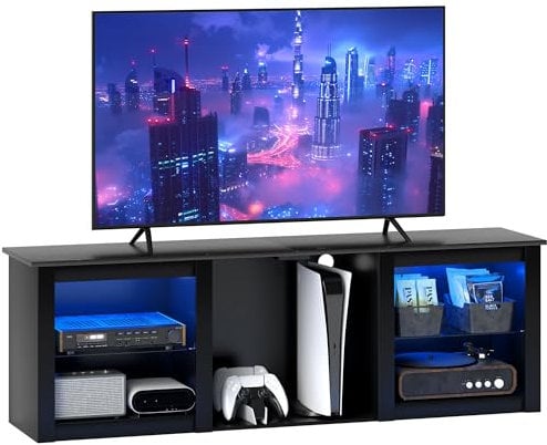 HOMCOM TV Unit with LED Lights for TV up to 65 Inch, 160cm TV Stand Cabinet with Adjustable Glass Shelves, Open Compartments for Gaming Consoles, TV Cabinet for Living Room, Bedroom, Black