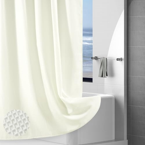 VANZAVANZU Hotelstil Waffel Duschvorhang 183x183cm, Wasserdicht & Waschbar, Schwerer Stoff Duschvorhang Textil mit Beschwerter Saum, Schimmelresistent Badevorhang für Dusche und Badewanne, Creme