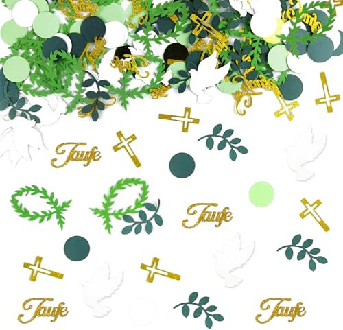 Streudeko Taufe, 200 Stück Taufe deko, Tischdeko Taufe Deko Konfetti Groß, Konfetti Taufe Gold Grün, Taube Deko Taufe Mädchen Junge, Firmung, Konfirmation, Babyparty,Babyshowerparty Deko (B)