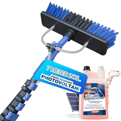 NTG Teleskopwaschbürste zur Reinigung von Solaranlagen und Fenstern und Wintergarten | 4,6 Meter oder 7 Meter Ausführung | mit Wasseranschluss und Seifenspender (Bis 7,0 Meter + Reiniger)