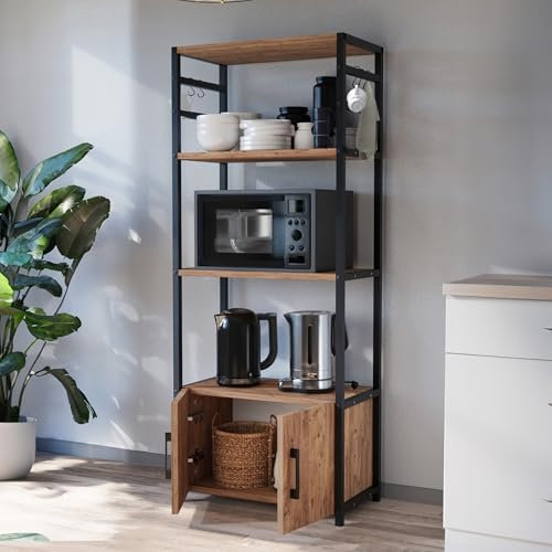 [en.casa] Estantería de Cocina Arhuni para Utensilios Microondas Armario con 3 Compartimientos Abiertos y 2 Puertas Organizador Mueble de Cocina Metal 139 x 56 x 30 cm - Efecto Roble